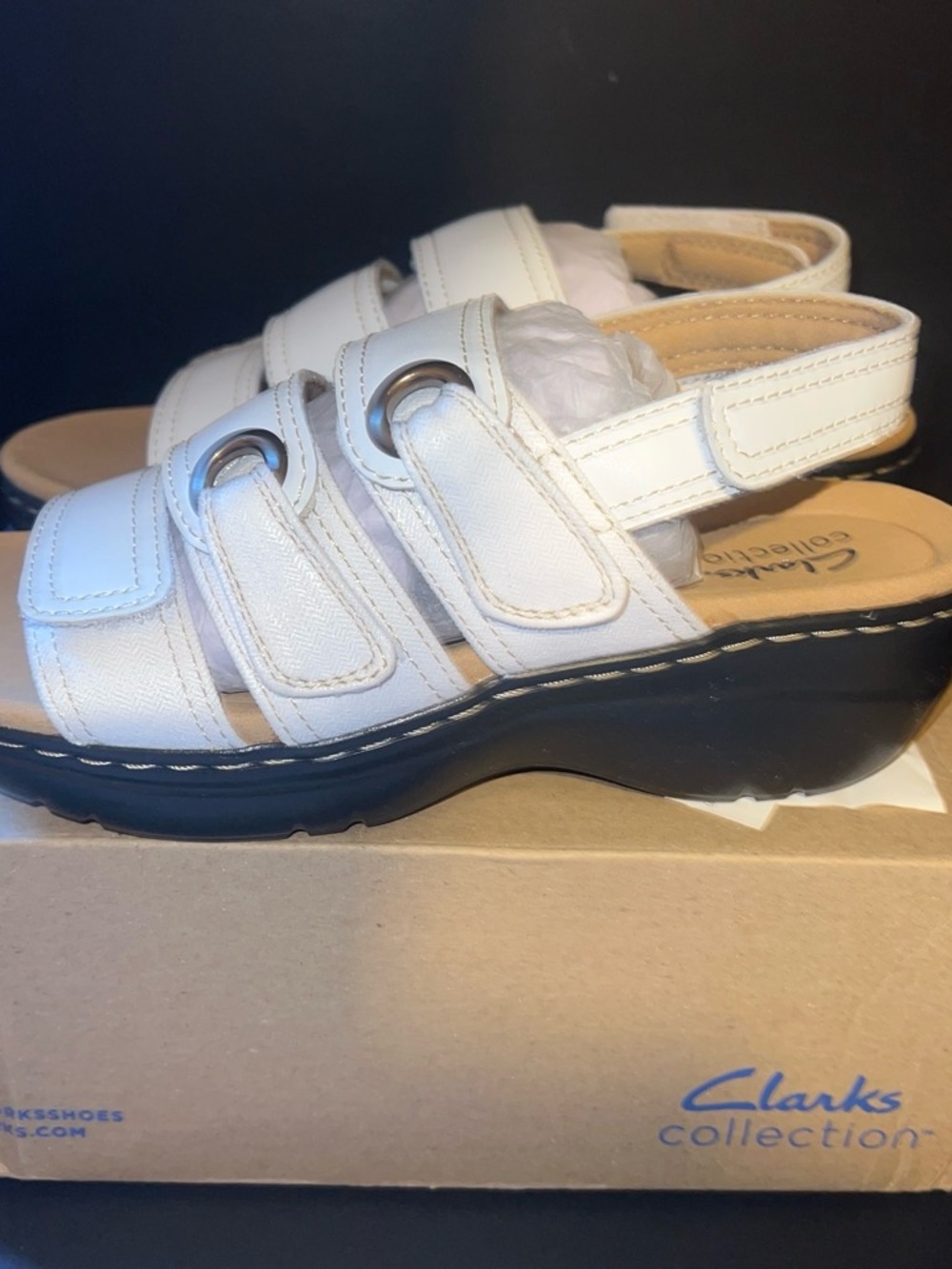 Clarks White Triple-Strap Velcro Sandals with Tan Footbed - Picture 3 of 4